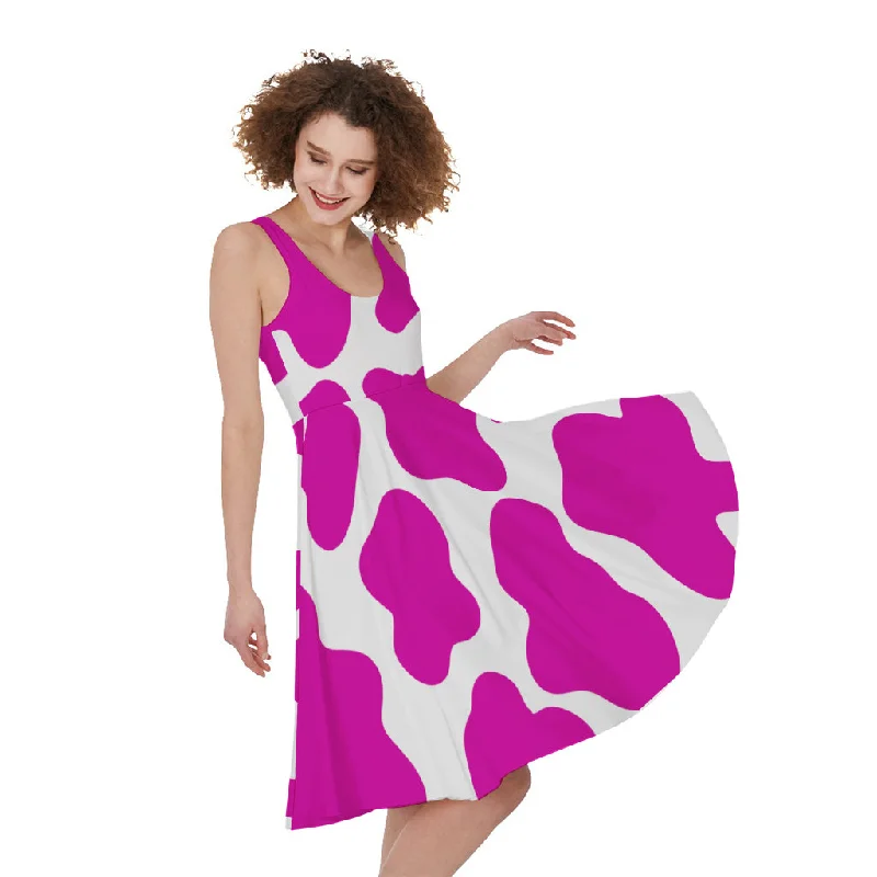 Hot Pink And White Cow Print Sleeveless Knee Length Dress Tunics Party sparkling