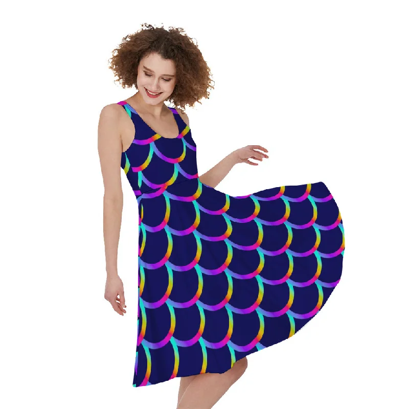 Mermaid Scales Pattern Print Sleeveless Knee Length Dress Tunics Stylish elegant