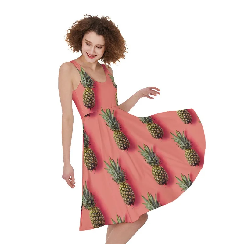 Pastel Pink Pineapple Pattern Print Sleeveless Knee Length Dress Maxi Flowy Bohemian Pastel Pink Pineapple Pattern Print Sleeveless Knee Length Dress Maxi Flowy Bohemian