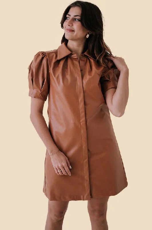 Aureum Tessa Vegan Leather Collared Mini Dress (Brown) Elegant Silk Mini Dress