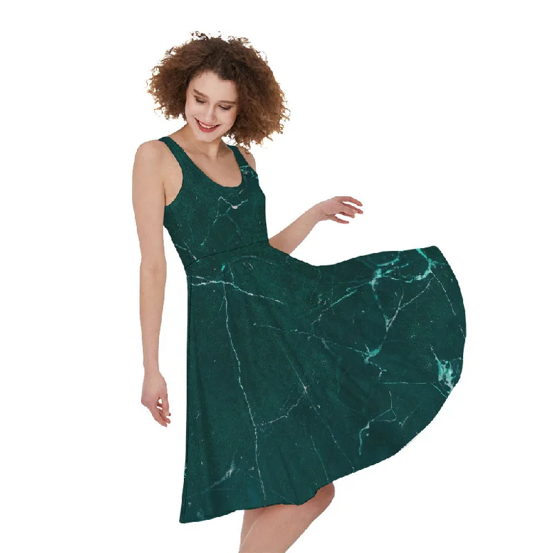 Dark Green Marble Print Sleeveless Knee Length Dress Tunics Recommended stylist