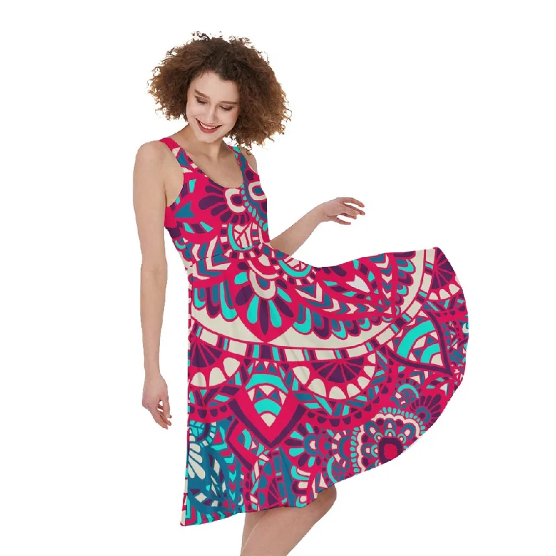 Pink Teal Bohemian Mandala Pattern Print Sleeveless Knee Length Dress Tunics Business professional Pink Teal Bohemian Mandala Pattern Print Sleeveless Knee Length Dress Tunics Business professional