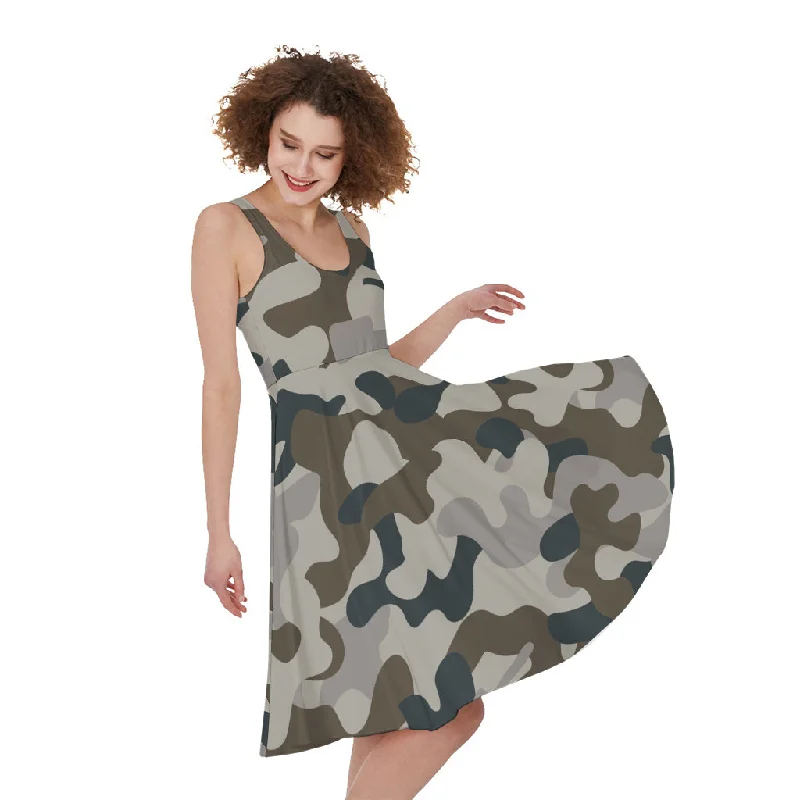 Grey And Brown Camouflage Print Sleeveless Knee Length Dress Turtleneck Neckline Stylish