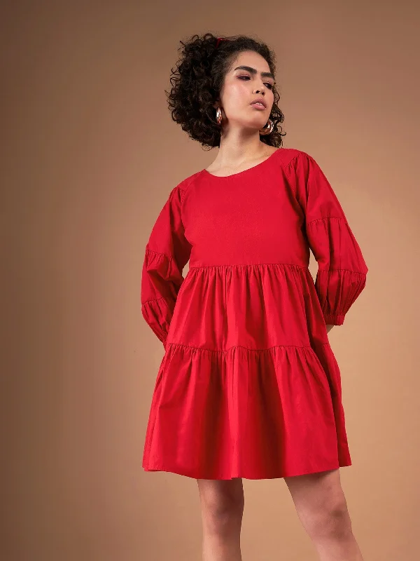 Lyush Women Red Poplin Drop Shoulder Tiered Mini Dress Stylish Sweetheart Neck Mini Dress
