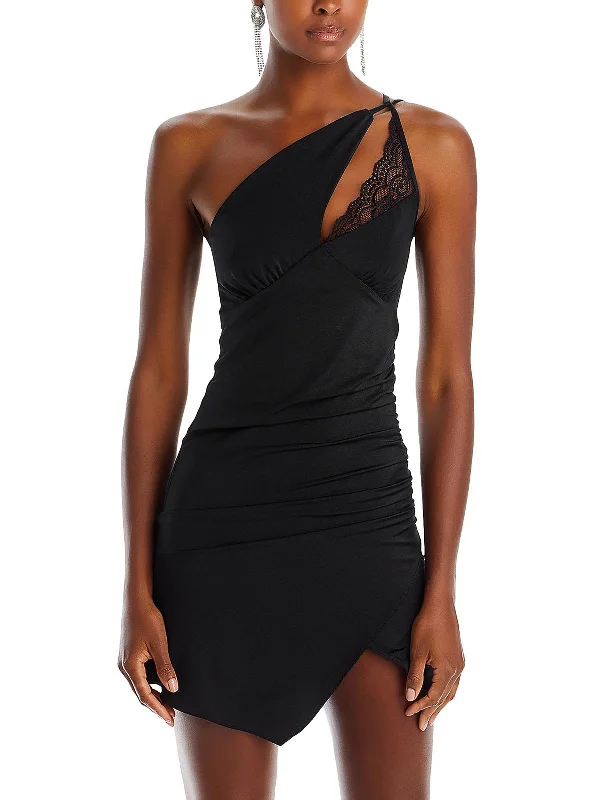 Juniors Womens Asymmetrical Lace Trim Cocktail And Party Dress Cowl Neckline Elegant