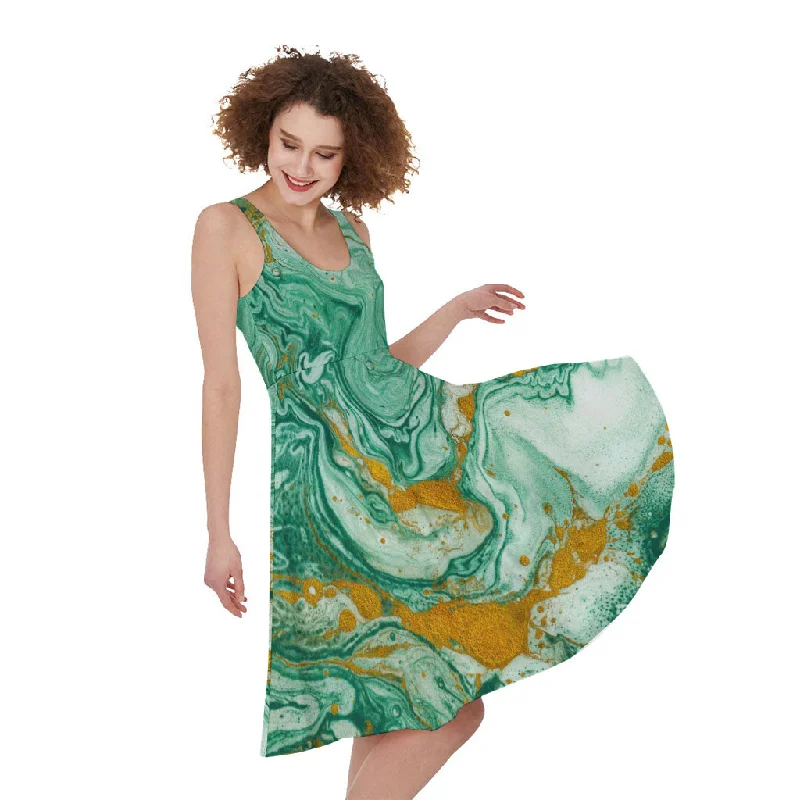 Green Gold Liquid Marble Print Sleeveless Knee Length Dress Tunics Party sparkling