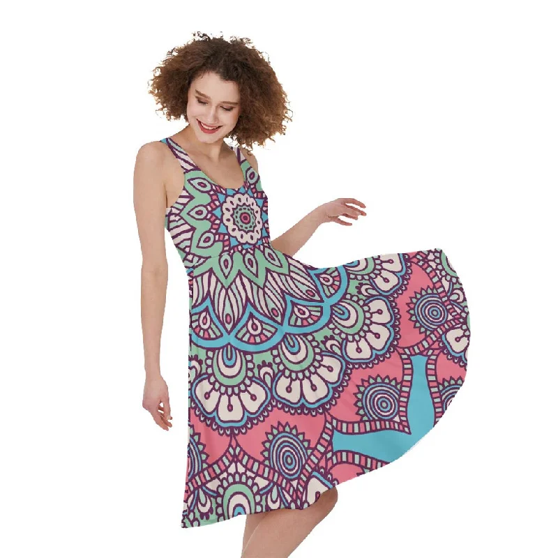 Pastel Mandala Bohemian Pattern Print Sleeveless Knee Length Dress Off-the-shoulder Chic Trendy Pastel Mandala Bohemian Pattern Print Sleeveless Knee Length Dress Off-the-shoulder Chic Trendy