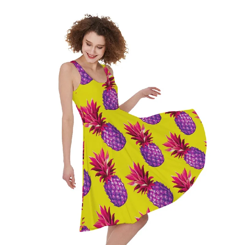 Purple EDM Pineapple Pattern Print Sleeveless Knee Length Dress Tunics Cozy soft