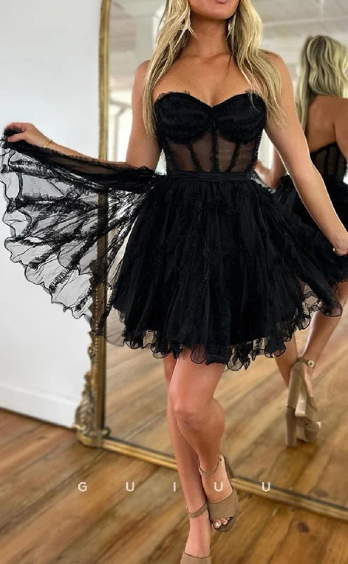 GH785 - A-Line Strapless Black Sheer Ball Gown Short Tulle Homecoming Party Dress Tunics Top Casual GH785 - A-Line Strapless Black Sheer Ball Gown Short Tulle Homecoming Party Dress Tunics Top Casual