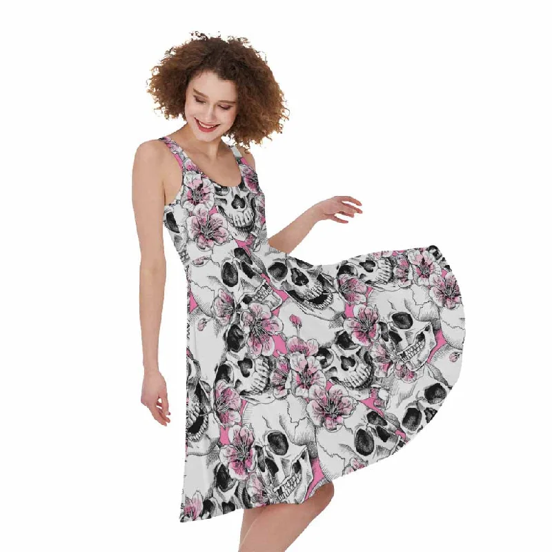 Pink Flowers Skull Pattern Print Sleeveless Knee Length Dress Tunics Trendy modern
