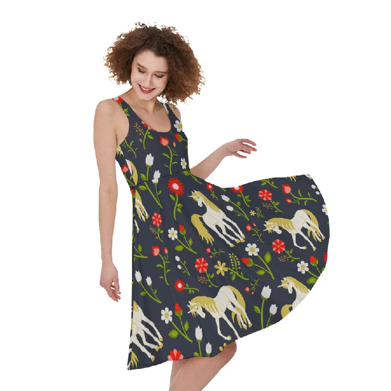 Magic Floral Unicorn Pattern Print Sleeveless Knee Length Dress Off-the-shoulder Chic Trendy Magic Floral Unicorn Pattern Print Sleeveless Knee Length Dress Off-the-shoulder Chic Trendy