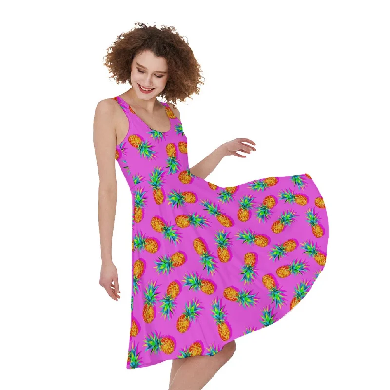 Hot Pink Pineapple Pattern Print Sleeveless Knee Length Dress Tunics Running lightweight Hot Pink Pineapple Pattern Print Sleeveless Knee Length Dress Tunics Running lightweight