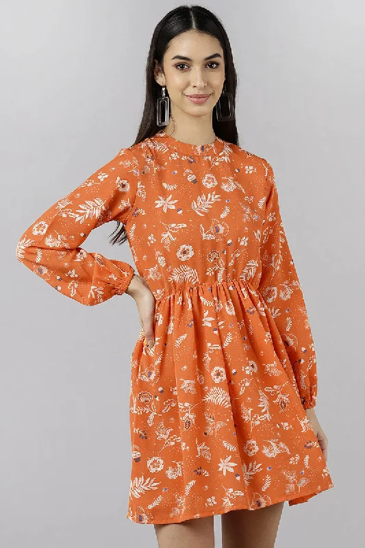 Women's Orange Polyester Floral Printed Mini Dress - Rasiya Comfortable Shift Mini Dress Women's Orange Polyester Floral Printed Mini Dress - Rasiya Comfortable Shift Mini Dress