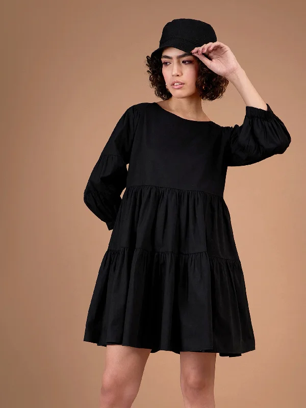 Lyush Women Black Poplin Drop Shoulder Tiered Mini Dress Classic Floral Print Mini Dress