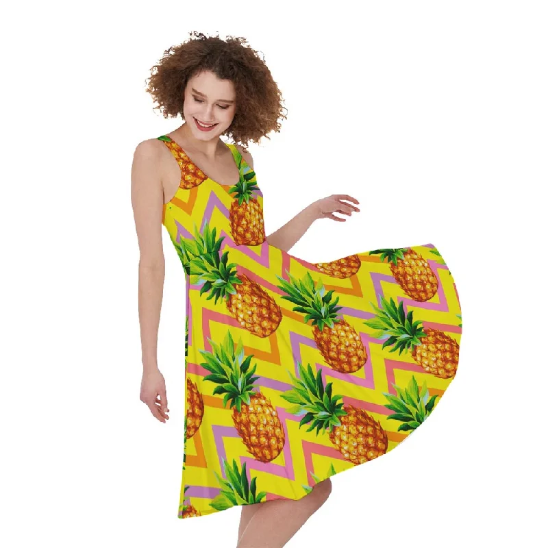 Pastel Zig Zag Pineapple Pattern Print Sleeveless Knee Length Dress Tunics Cozy soft Pastel Zig Zag Pineapple Pattern Print Sleeveless Knee Length Dress Tunics Cozy soft