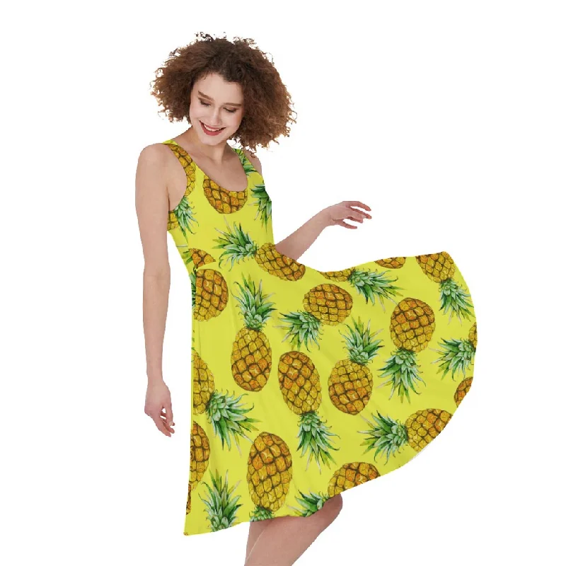 Pastel Yellow Pineapple Pattern Print Sleeveless Knee Length Dress Tunics Stylish elegant Pastel Yellow Pineapple Pattern Print Sleeveless Knee Length Dress Tunics Stylish elegant