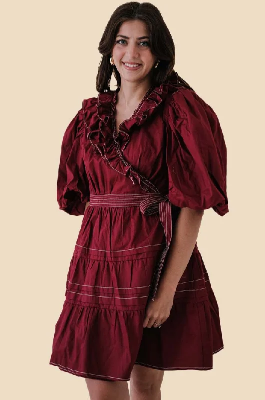 Sofie the Label Tabitha Contrast Stitch Wrap Mini Dress (Red) Fashionable Polka Dot Mini Dress