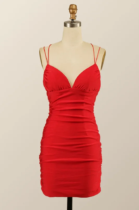 Double Straps Red Empire Red Tight Mini Dress Stylish Button-Down Mini Dress