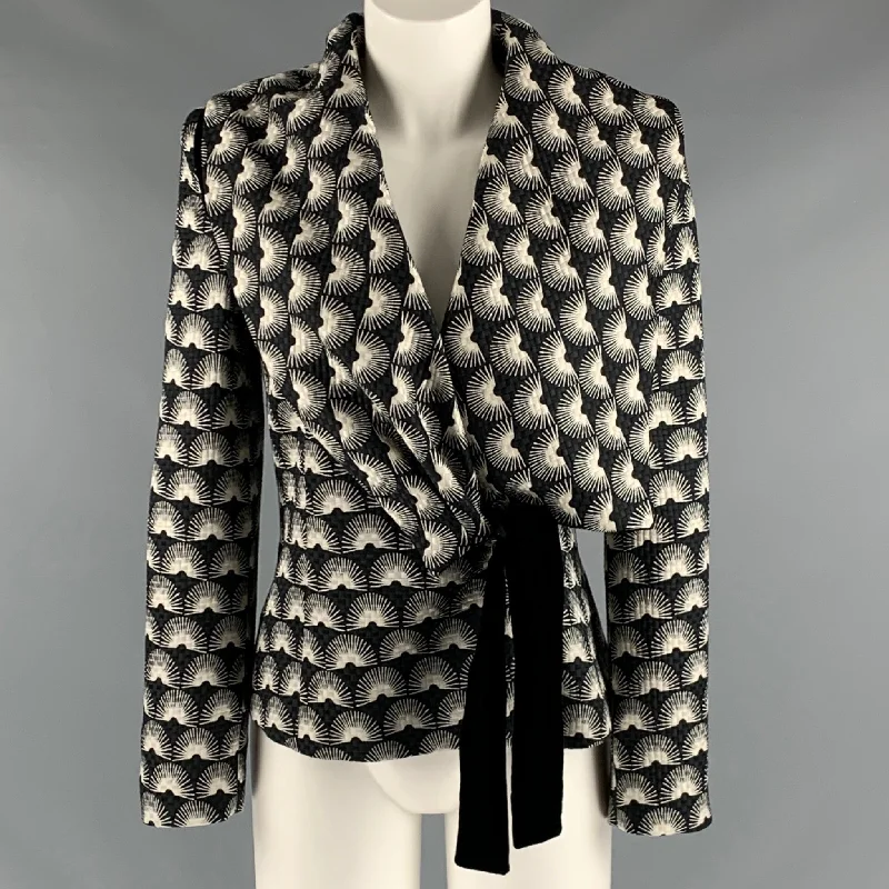 GIORGIO ARMANI Size 4 Black White Silk Wool Jacquard Jacket Stand-Up Collar Roll-Neck Collar Turtle Neck