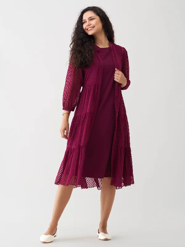 Wine Crepe Chiffon Swiss Dot Boat Neck Tunic Top with Jacket Faux Fur Fabric Real Fur Fabric Shearling Fabric