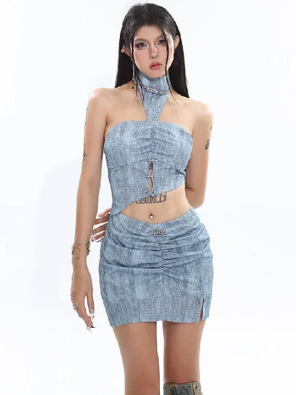 Sloan Blue Halter Neck Cut Out Asymmetrical Bandeau Top + High V-Waist Pleated Slim Mini Skirt Matching Set chiffon skirt delicate