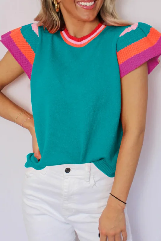 Contrast Flutter Sleeves Knitted Sweater T Shirt Chenille Fabric Brocade Fabric Lace Fabric