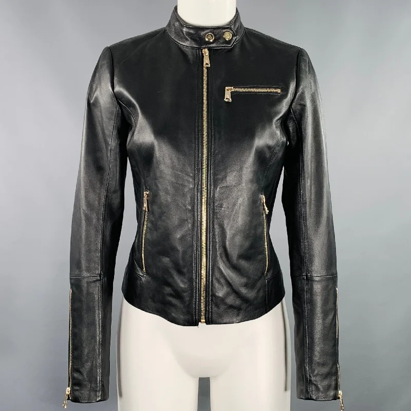 RALPH LAUREN Size XS Black Lambskin Leather Biker Jacket Rayon Fabric Velvet Fabric Corduroy Fabric RALPH LAUREN Size XS Black Lambskin Leather Biker Jacket Rayon Fabric Velvet Fabric Corduroy Fabric