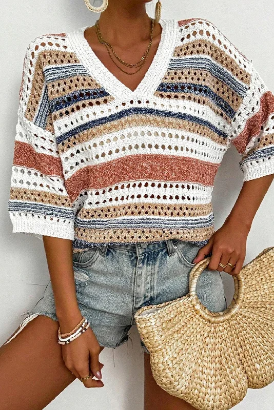 Striped Hollow Out Half Sleeve Knitted Sweater Glossy Satin Silk