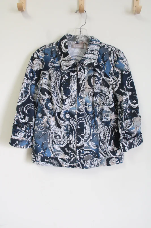 Chico's Blue Tan Paisley Zip Down Light Jacket | 0 (S) Trench Coat Raincoat Waterproof Jacket