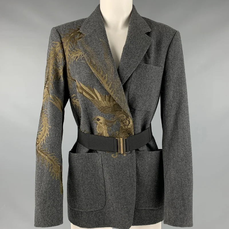 DRIES VAN NOTEN Size 4 Grey Gold Wool Cotton Embroidered Jacket Knit Jacket Woven Jacket Fleece Jacket
