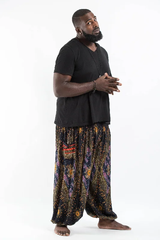 Plus Size Unisex Peacock Eye Harem Pants in Black Soft Stretch Trousers