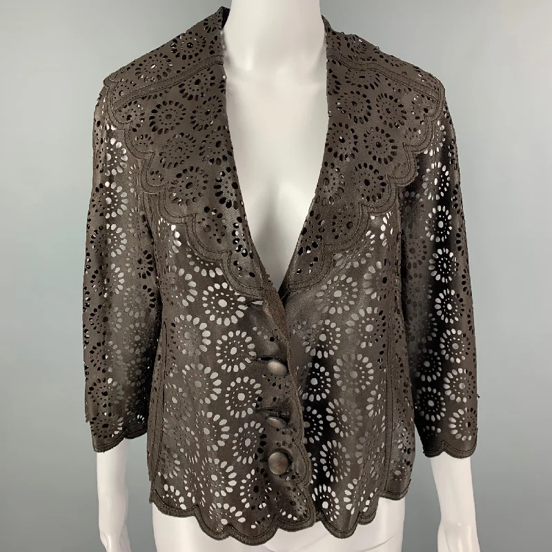 MALANDRINO Size 6 Brown Leather Perforated 3/4 Sleeves Jacket Herringbone Jacket Checkered Jacket Solid Jacket