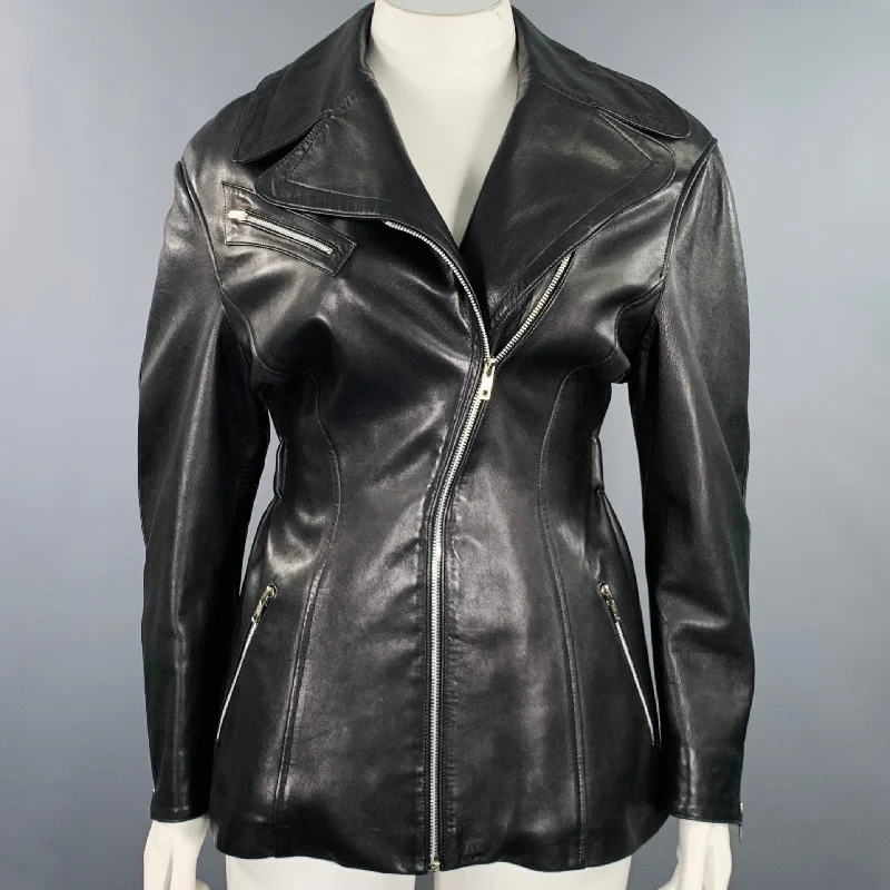 THIERRY MUGLER Size 10 Black Lambskin Leather Zip Up Jacket A-Line Jacket Boat Neck Shawl Collar
