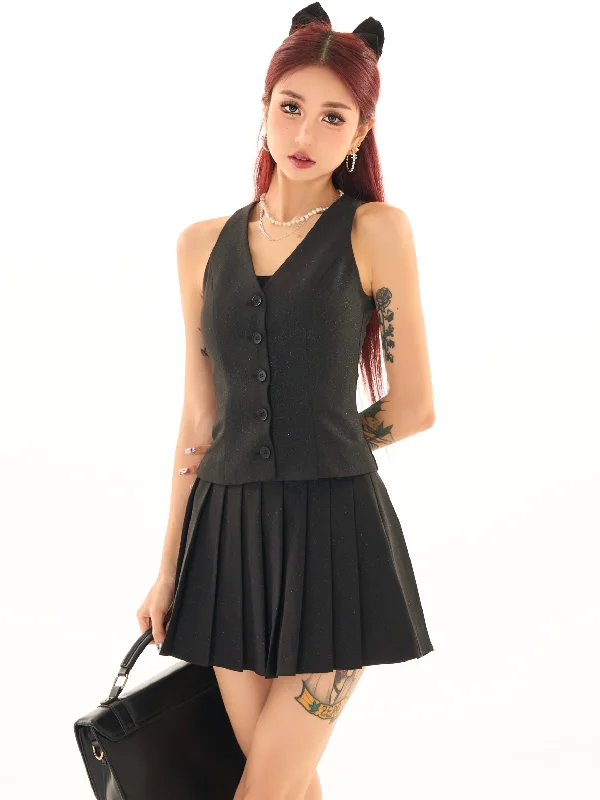 Evelyn Solid Color Shimmer V-Neck Wide Strap Button Up Vest + High Waist Shimmer Pleated Mini Skirt Matching Set lace skirt delicate