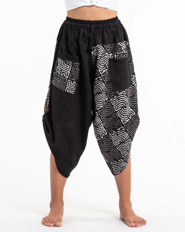 Unisex two Tone Maze Print Three Quarter Pants in Black Wide-Legged Palazzos