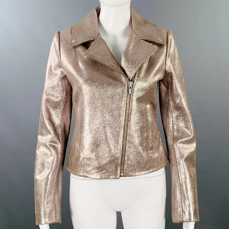 VEDA Size S Gold Rose Metallic Leather Biker Jacket Snapped Jacket Toggled Jacket Drawstring Jacket
