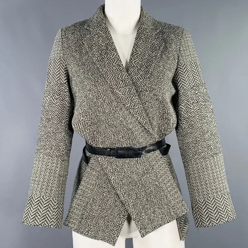 KENZO Size S Black White Wool Chevron Deconstructed Jacket Blazer Stand-Up Collar Roll-Neck Collar Turtle Neck