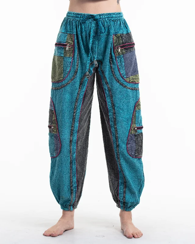 Unisex Patchwork Stone Washed Cargo Cotton Pants in Blue 01 Trendy Printed Leggings