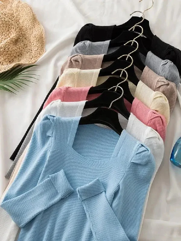 Square Collared Women Knitwear Sweaters Solid Print Embellished