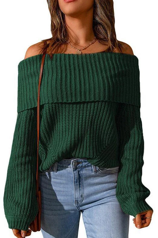 Dark Green Off Shoulder Knitted Sweater Collared Crew Neck Turtle Neck