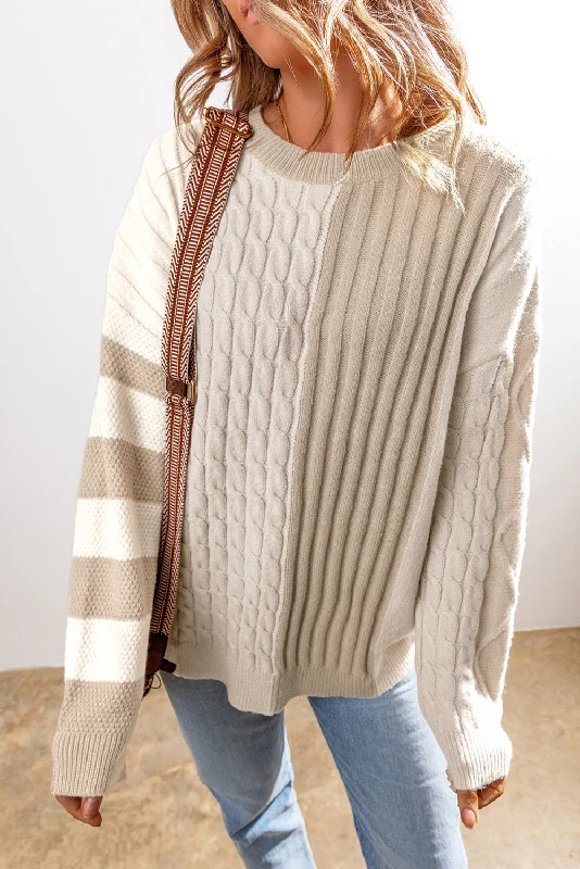 Cable Knit Colorblock Crew Neck Drop Shoulder Sweater Knit Fabric Woven Fabric Fleece Fabric