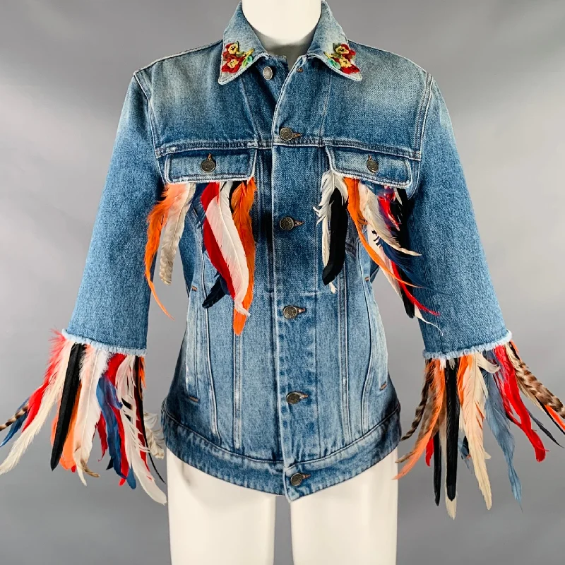 DOLCE & GABBANA Size XS Blue Multi-Color Cotton Feathers Denim Jacket Quilted Jacket Puffer Jacket Insulated Jacket