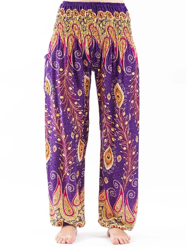 Unisex Peacock Paisley Harem Pants in Purple Formal Wide-Leg Pants