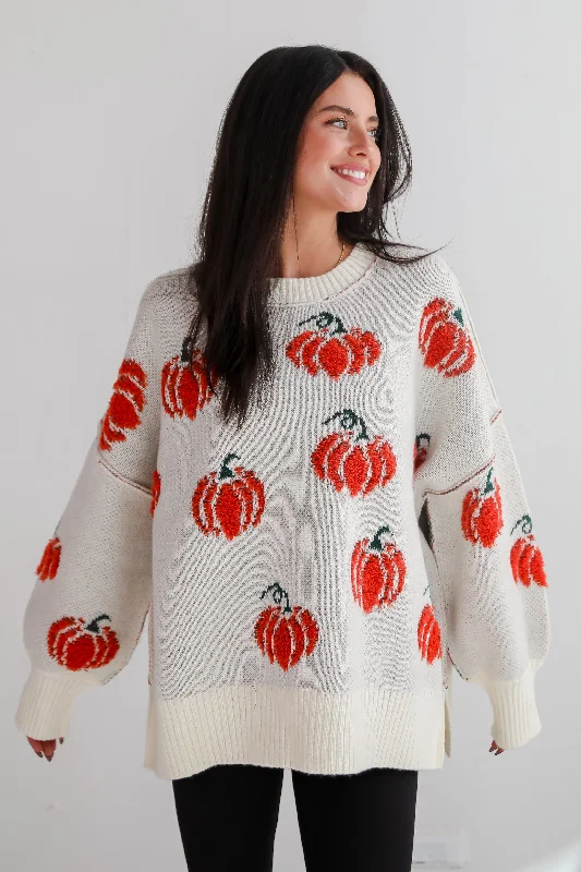 Pumpkin Patch Cream Oversized Sweater Mesh Blend Leather Blend Suede Blend