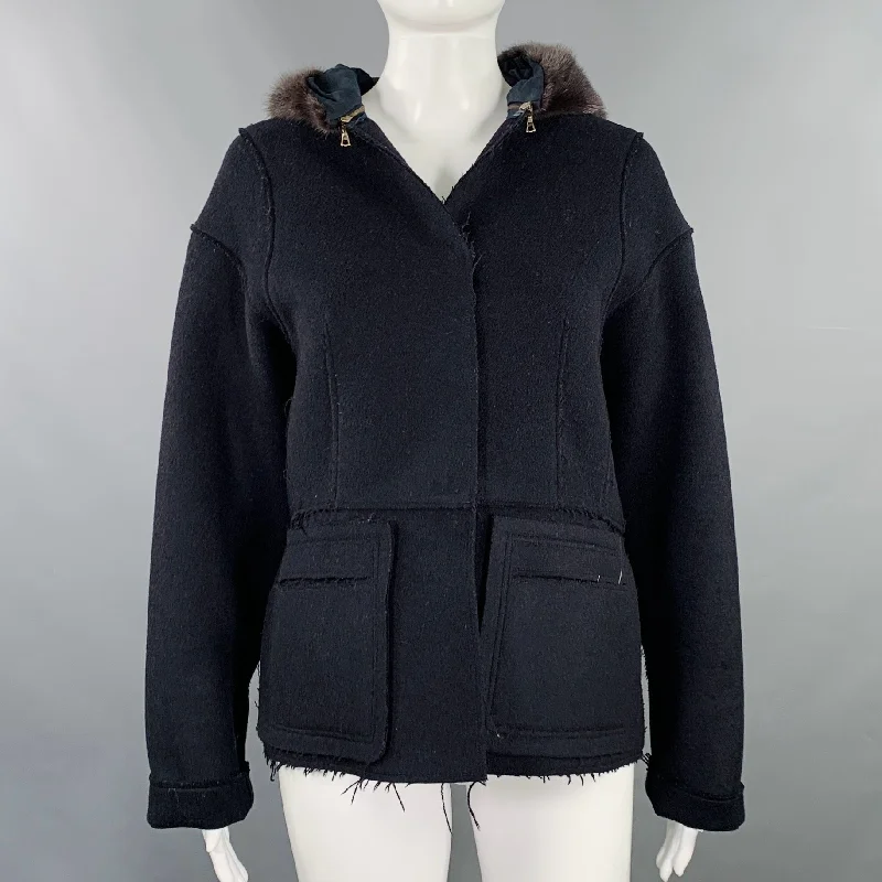 MARNI Size 4 Black Wool Blend Raw Edge Hooded Jacket Fleece Fabric Down Fabric Feather Fabric MARNI Size 4 Black Wool Blend Raw Edge Hooded Jacket Fleece Fabric Down Fabric Feather Fabric