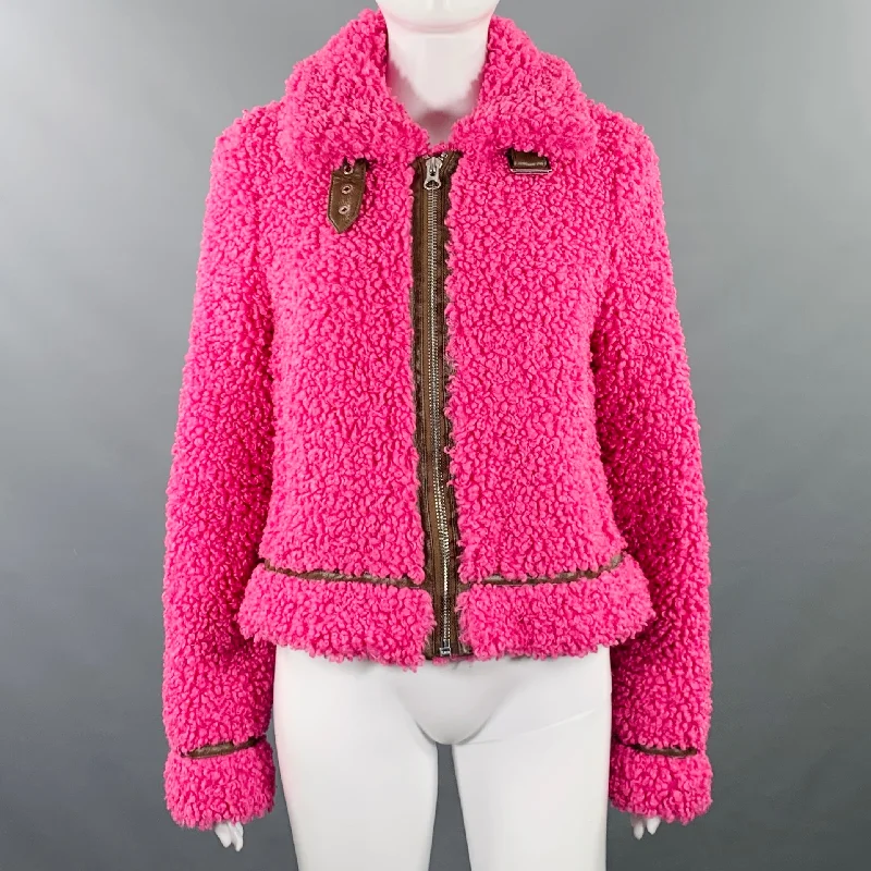 STAND STUDIO Size S Audrey Pink Brown Polyester Shaggy Faux Fur Jacket Boat Neck Shawl Collar Notched Collar