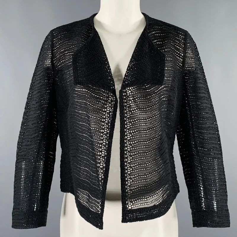 AKRIS Size 6 Black Cotton Eyelet Open Front Jacket Blazer Tailored Jacket Straight Jacket A-Line Jacket