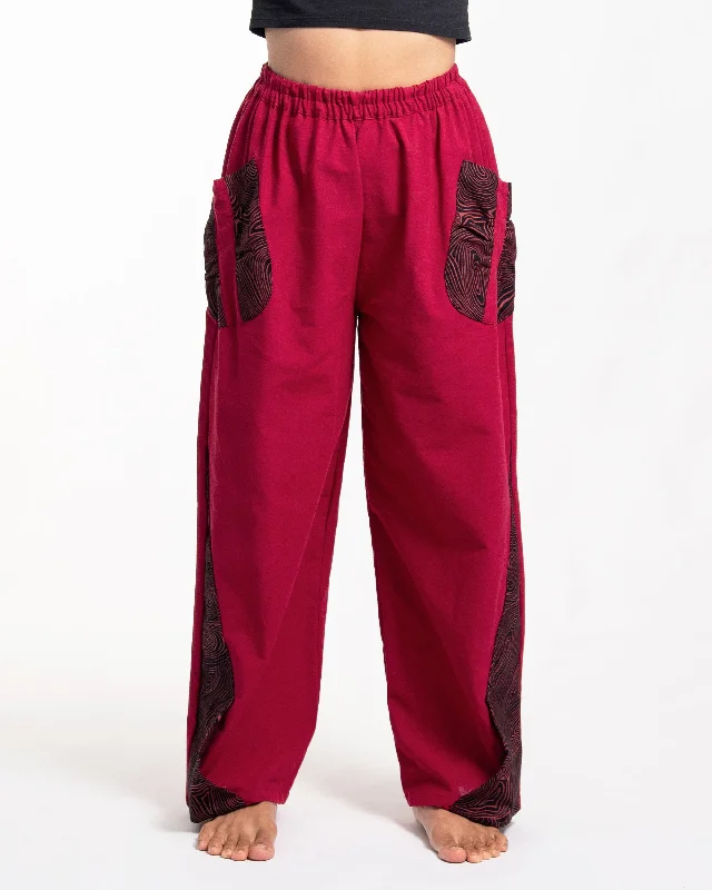 Unisex Thai Cotton Pants with Hill Tribe Trim in Red Comfortable Pleated Pants