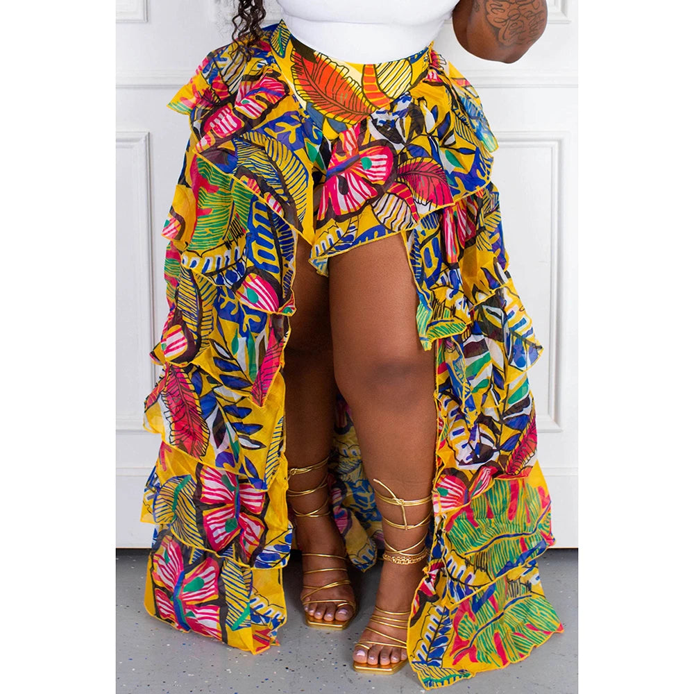 Plus Size Boho All Over Print Multi Layered Tulle Ruffle Irregular Hem Tiered Slit Skirt wool skirt sturdy