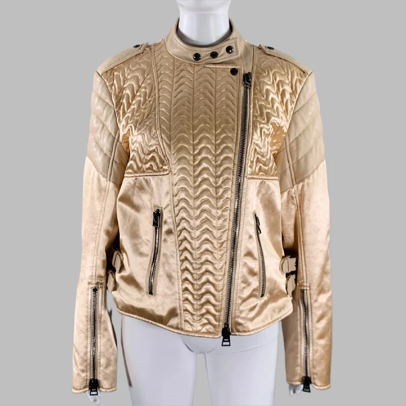 TOM FORD Size 8 Beige Viscose Quilted Leather Biker Jacket Fleece Fabric Down Fabric Feather Fabric